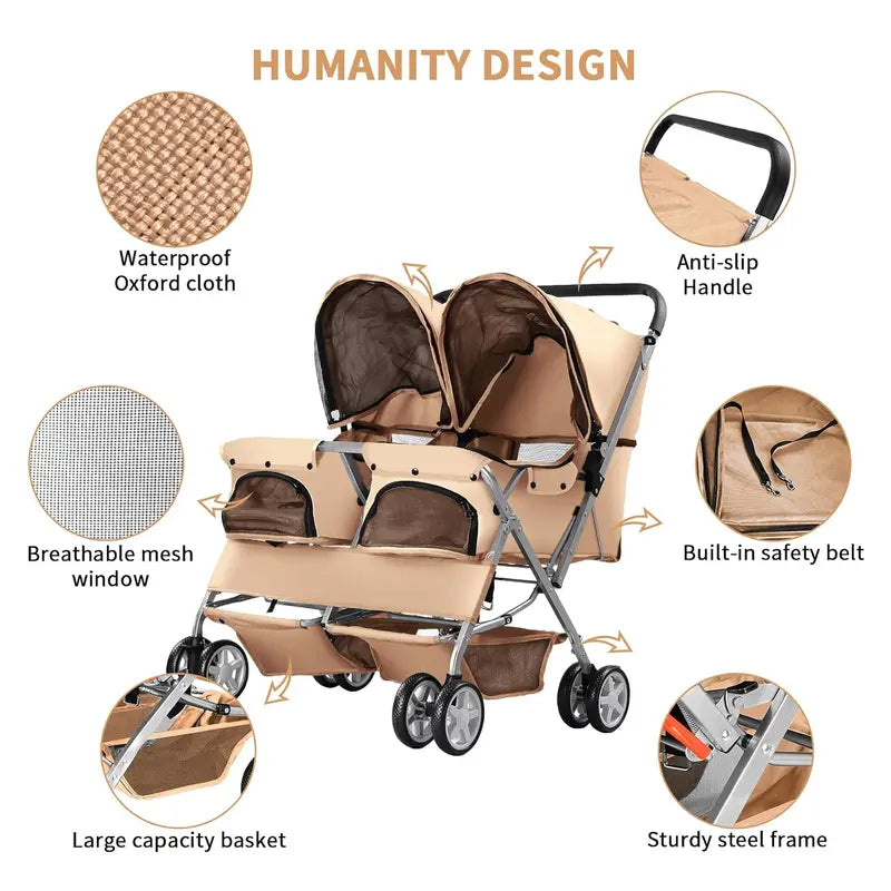 Side-By-Side Double Pet Stroller – Foldable Twin Dog & Cat Carrier with Safety Leashes, Mesh Windows, Dual Baskets, 44 Lb Capacity for Walks, Travel & Vet Visits