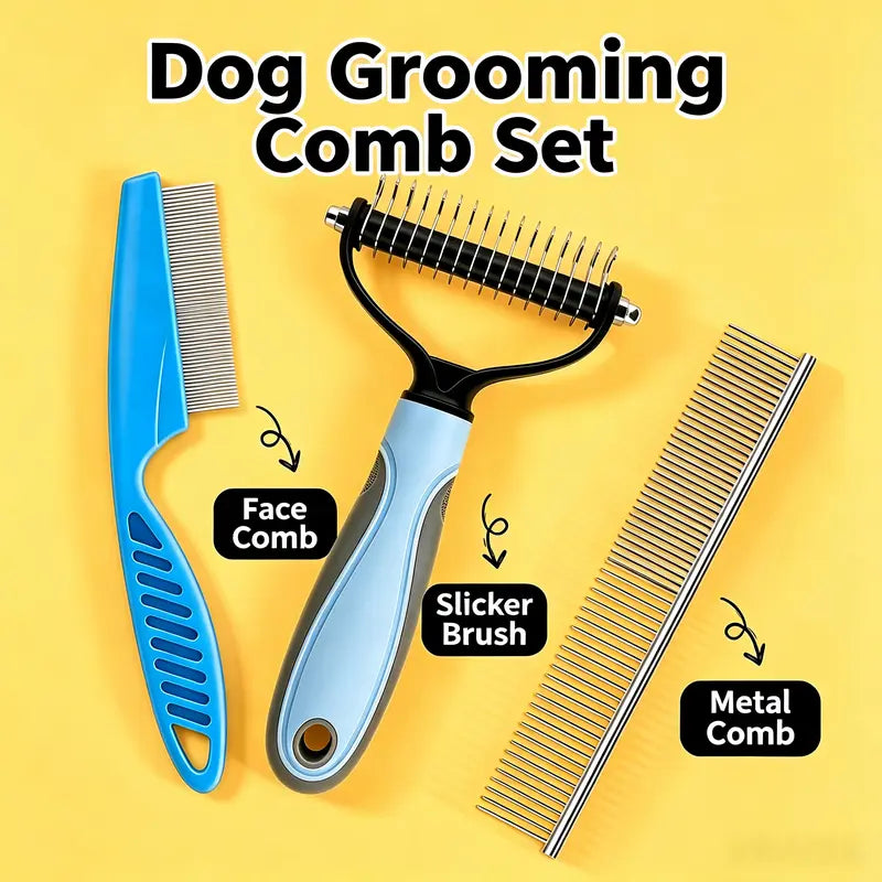 3-Piece Stainless Steel Grooming Comb Set for Dogs and Cats - Ergonomic Non-Slip Handle, Undercoat Rake, Fine-Toothed Face Comb, and Easy Detangling Brush for All Breeds