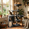 Heybly 43.3In Space-Saving Smoky Gray Cat Tree Condo Tower HCT004SG - Durable Sisal Rope Scratch Post, Padded Perch, Cozy Hammock, Toy-Included Indoor Cat Furniture