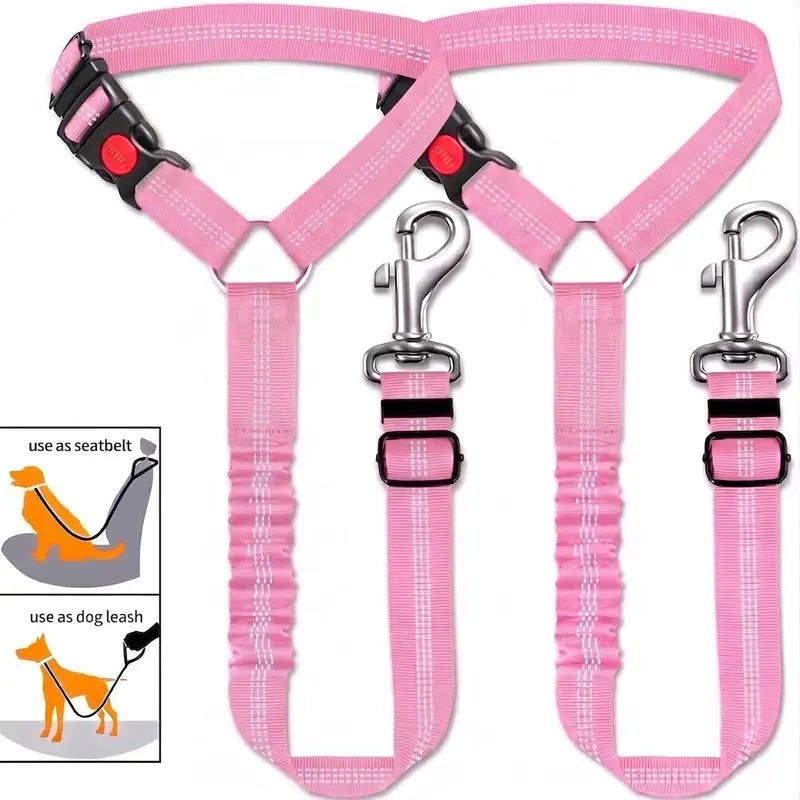 Dog Vehicle Safety Straps (2-Pack) - Nylon Fabric, Reflective Design, Elastic Shock-Absorbing, Adjustable Fit, Secure Fastening, Enhanced Night Visibility