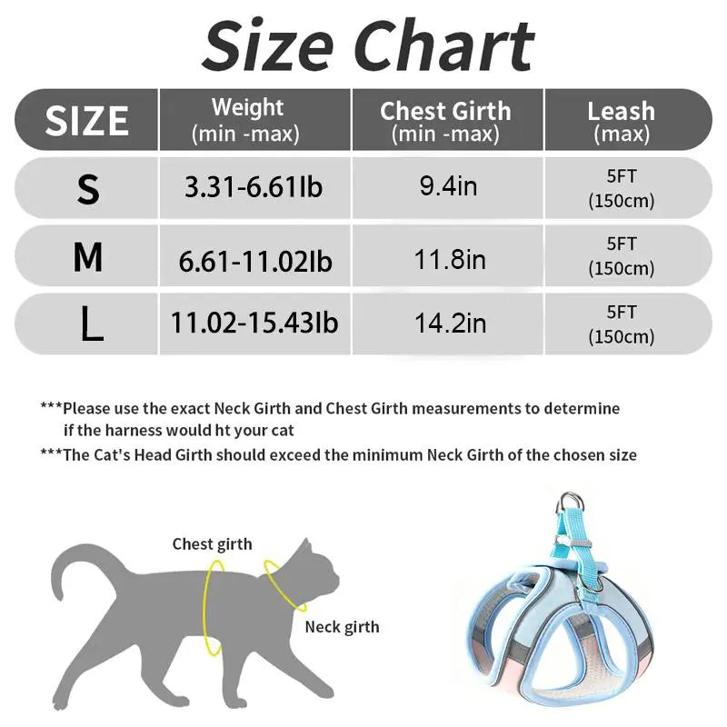 Escape Proof Cat Harness and Leash Set Pack - Adjustable, Soft Mesh Fabric, Lightweight, Sturdy Lock, Stress-Free for Small/Medium Cats (Solid Colors)