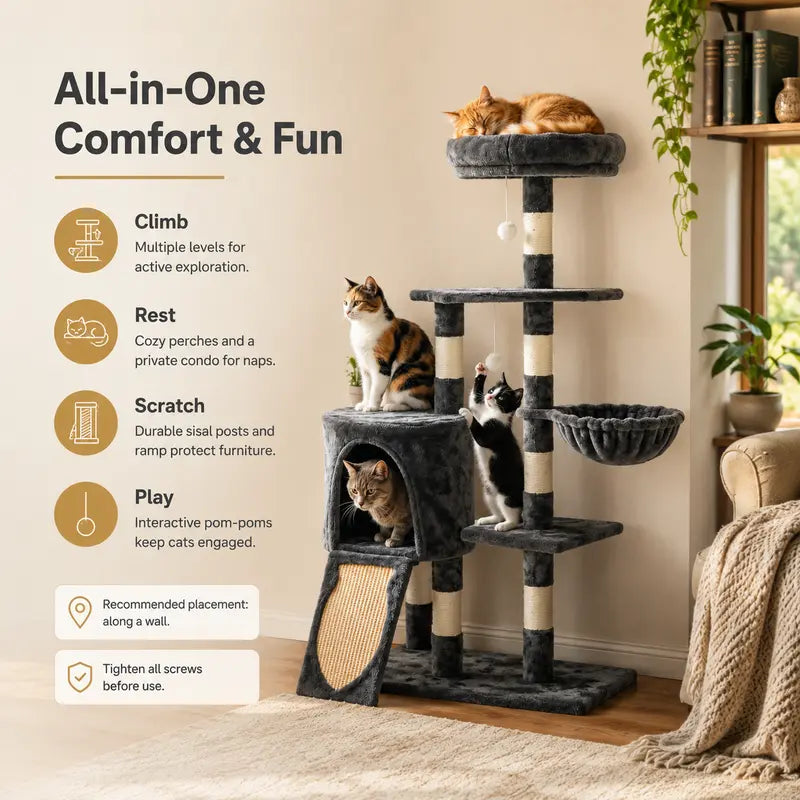Heybly 43.3In Space-Saving Smoky Gray Cat Tree Condo Tower HCT004SG - Durable Sisal Rope Scratch Post, Padded Perch, Cozy Hammock, Toy-Included Indoor Cat Furniture