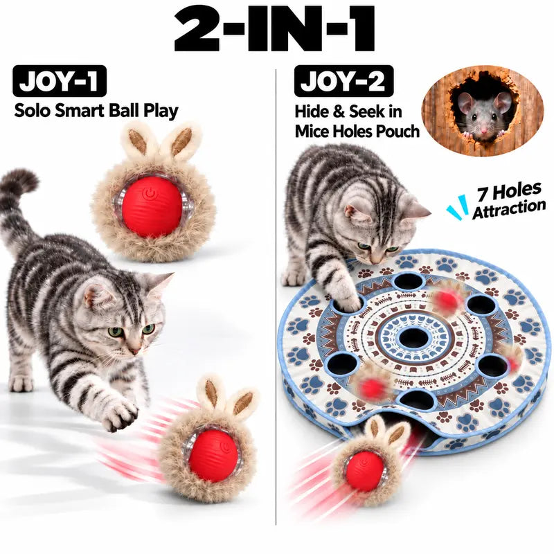 Interactive Cat Toy Set for Kittens&Adults - 7-Hole Play Mat with Smart Touch-Activated 3-Speed Moving Ball, Chirping Feature, Pouch Storage & USB Rechargeable Design for Bored Indoor Cats