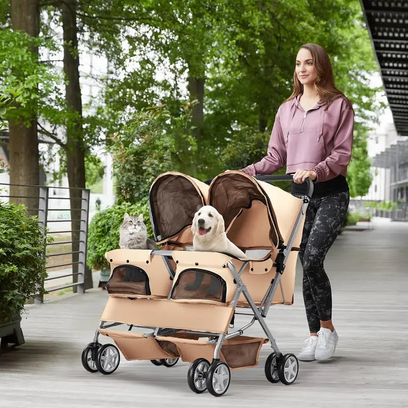 Side-By-Side Double Pet Stroller – Foldable Twin Dog & Cat Carrier with Safety Leashes, Mesh Windows, Dual Baskets, 44 Lb Capacity for Walks, Travel & Vet Visits