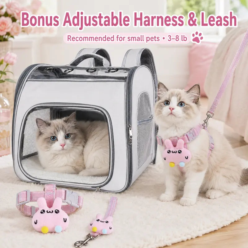 EGFSK Breathable Mesh Cat Carrier Backpack Set Pack, Pet Travel Carrier with Adjustable Harness-Leash, Airflow Vents, Easy Access Dual Zips, Removable Pad for Cats & Small Dogs up to 12 Lbs, Gray