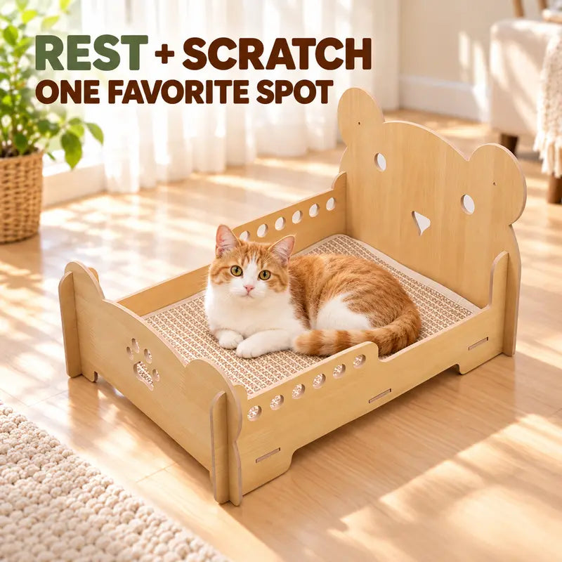 Sisal Cat Bed for Indoor Cats, Sturdy Wooden Cat Sofa Bed with Built-In Natural Sisal Scratching Surface, Cozy Pet Furniture