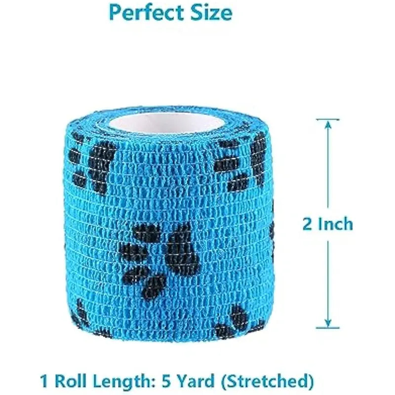 Pet Wrap, Self-Adhesive, Only Sticks to Itself, Non-Woven Tape for Dog Legs, Paws, Wounds, First Aid Cohesive Gauze for Horse, Cat, Bird, Animal, 6 Rolls, 2 Inch, Pawprints A