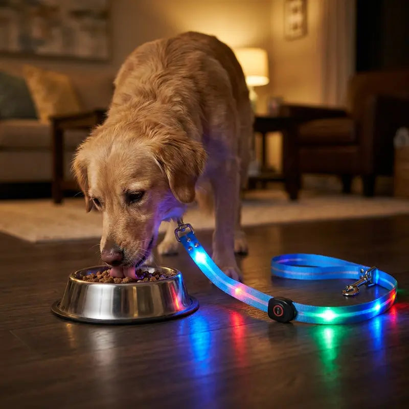 LED Light-Up Pet Leash with 5-Color Light Strip, Glowing Safety Dog Collar, USB Rechargeable Personalized Harness for Puppies