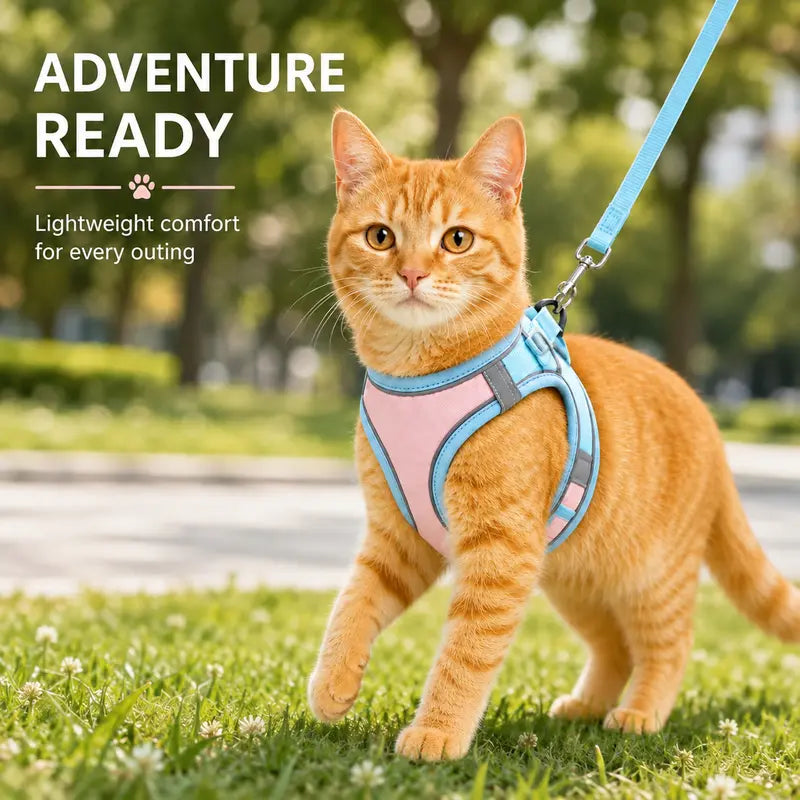 Escape Proof Cat Harness and Leash Set Pack - Adjustable, Soft Mesh Fabric, Lightweight, Sturdy Lock, Stress-Free for Small/Medium Cats (Solid Colors)