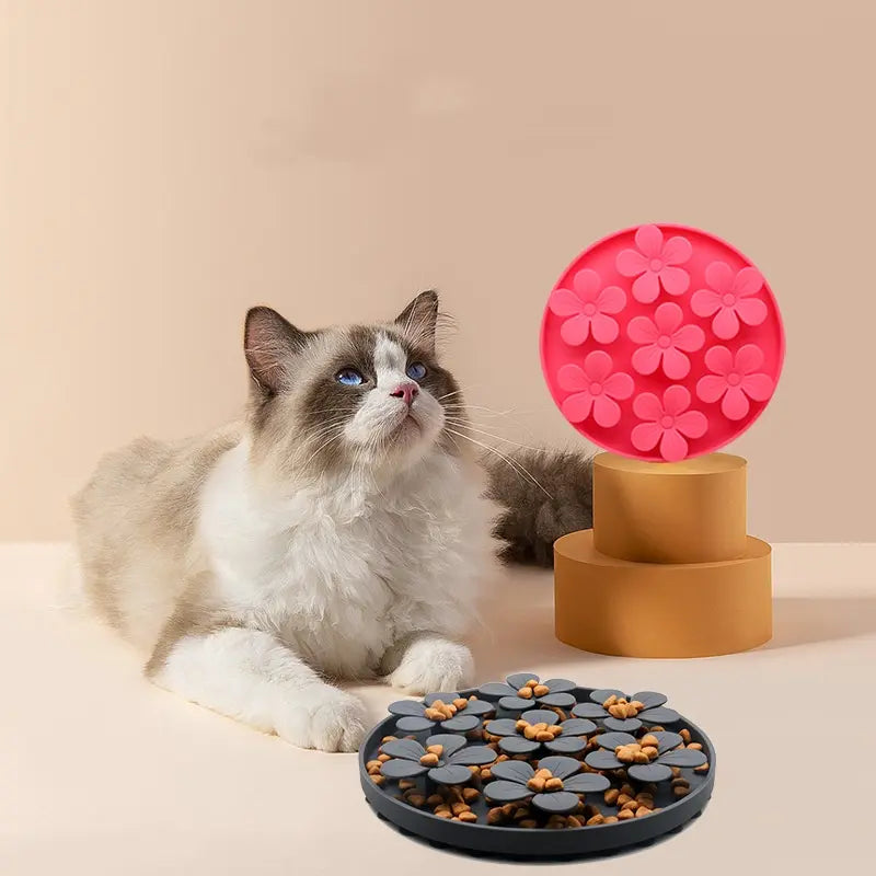 Round Flower Silicone Pet Slow Feeder, Interactive Cat and Dog Slow Eating Bowl, Anti-Choking Pet Puzzle Feeding Mat