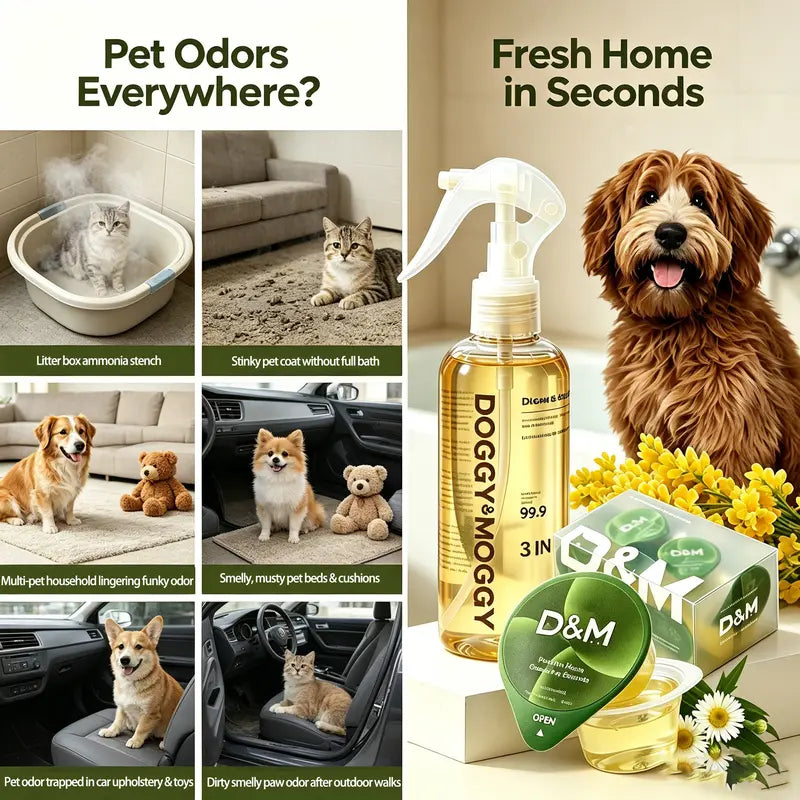 DOGGY&MOGGY 12Ml Pet Fresh Care Bundle - Bio-Enzyme Deodorizer Spray, 10 No-Rinse Cleansing Jelly Cups, Tear-Free, Safe for Pets and Children, Convenient Daily Care, Odor-Eliminating Home Grooming Solution for Dogs and Cats, Home and Furniture Friendly