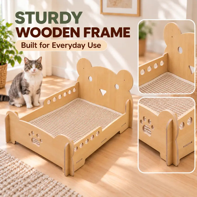 Sisal Cat Bed for Indoor Cats, Sturdy Wooden Cat Sofa Bed with Built-In Natural Sisal Scratching Surface, Cozy Pet Furniture