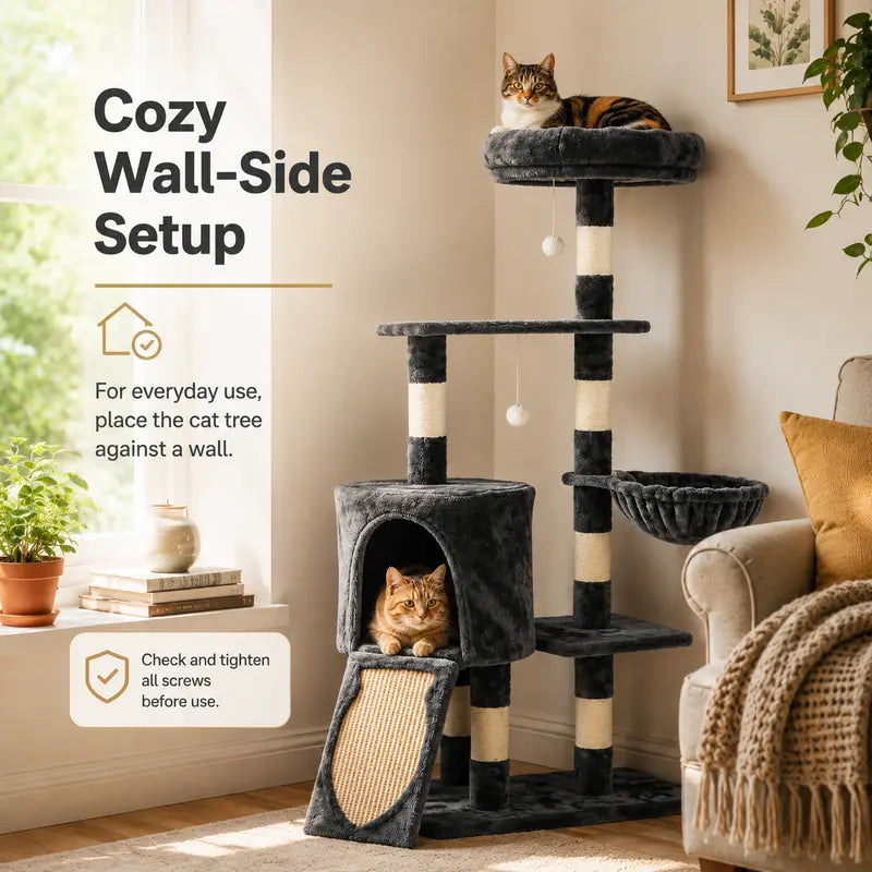 Heybly 43.3In Space-Saving Smoky Gray Cat Tree Condo Tower HCT004SG - Durable Sisal Rope Scratch Post, Padded Perch, Cozy Hammock, Toy-Included Indoor Cat Furniture
