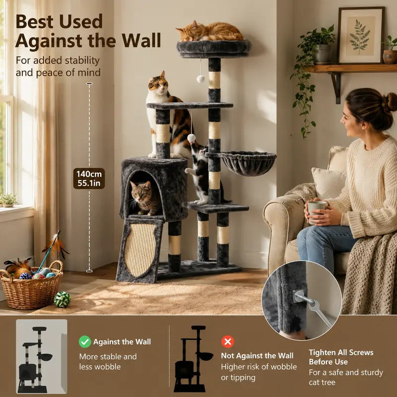 Heybly 43.3In Space-Saving Smoky Gray Cat Tree Condo Tower HCT004SG - Durable Sisal Rope Scratch Post, Padded Perch, Cozy Hammock, Toy-Included Indoor Cat Furniture