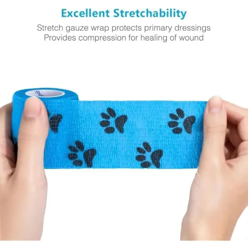 Pet Wrap, Self-Adhesive, Only Sticks to Itself, Non-Woven Tape for Dog Legs, Paws, Wounds, First Aid Cohesive Gauze for Horse, Cat, Bird, Animal, 6 Rolls, 2 Inch, Pawprints A