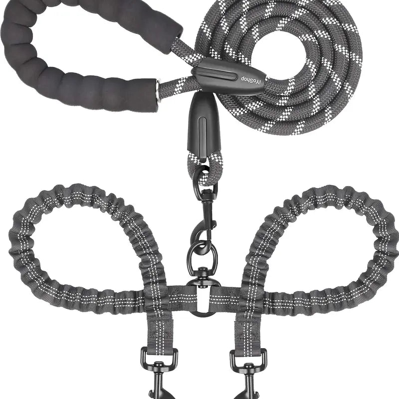 Double Dog Leash, 360° Swivel No Tangle Dual Leash for 2 Dogs, Heavy Duty Shock Absorbing Bungee Leashes with Comfortable Padded Handle & Reflective Stitching for Medium Large Dogs Walking Running Training, Black (25-150 Lbs)