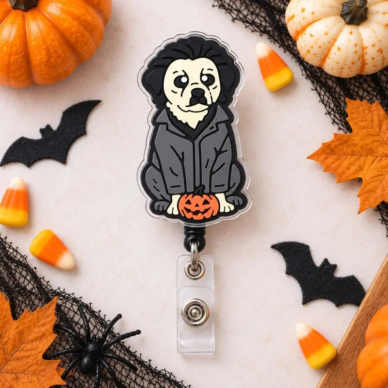 Halloween Dog Badge Reel, Spooky Puppy Retractable ID Badge Holder, Horror Pet Badge Clip, Nurse Teacher Halloween Gift