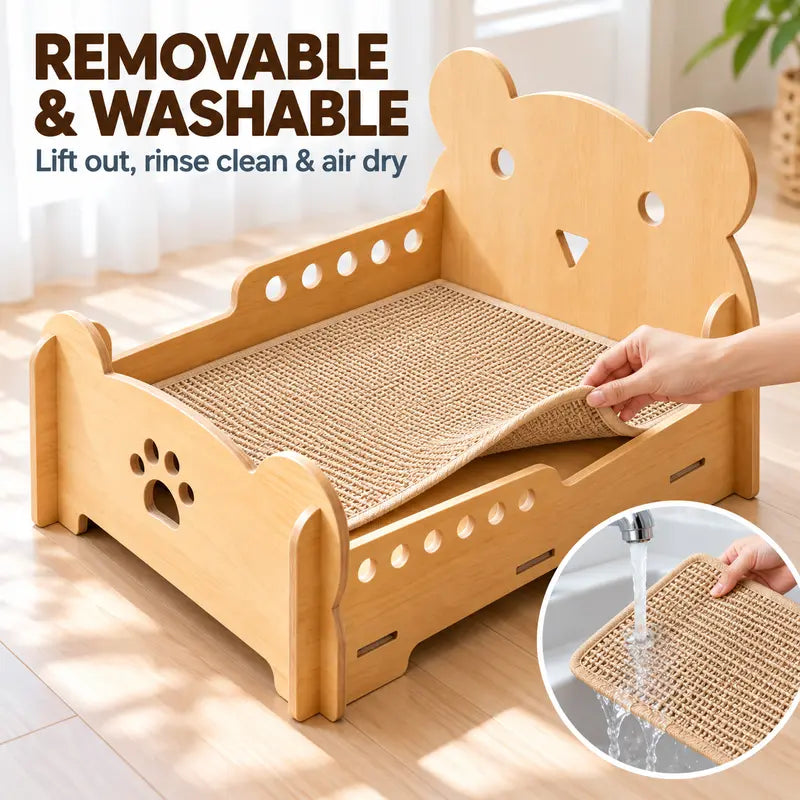 Sisal Cat Bed for Indoor Cats, Sturdy Wooden Cat Sofa Bed with Built-In Natural Sisal Scratching Surface, Cozy Pet Furniture