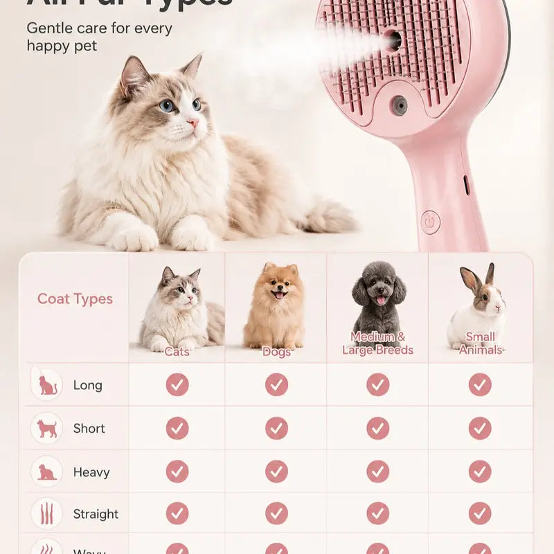 Self-Cleaning Cat & Dog Deshedding Brush with Spray Mist, 1-Button Hair Release, Steel Bristles, Pet Grooming Deshedding Tool