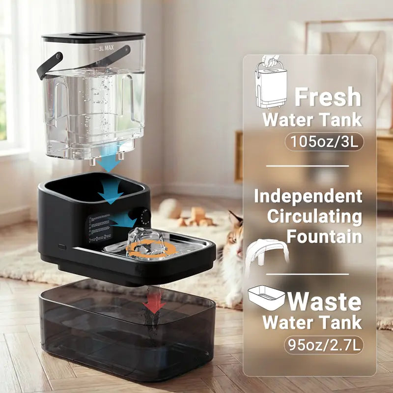 3L Filterless Cat & Small Dog Water Fountain, Cordless Automatic Pet Water Dispenser with Motion Sensor, Separate Clean & Used Water, No Replacement Filters Needed, 304 Stainless Steel Bowl
