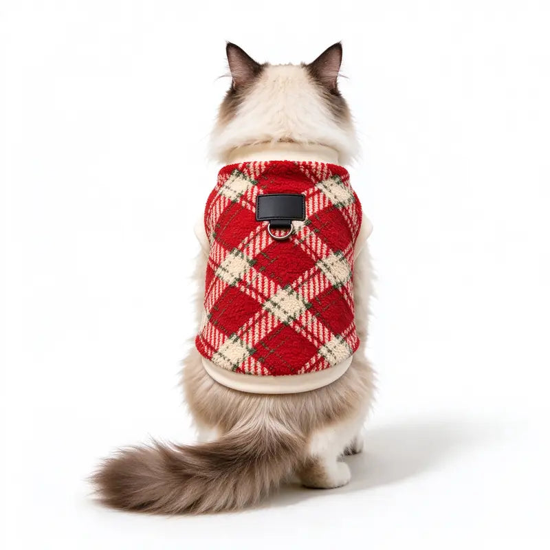 Plaid Dog Hoodie, Warm Fleece Pet Sweater with Leash Hole, Winter Dog & Cat Clothes for Small & Medium Dogs, Puppy Apparel for Cold Weather, Outdoor Walks, Daily Wear, Travel & Holiday Pet Outfits,Outdoor