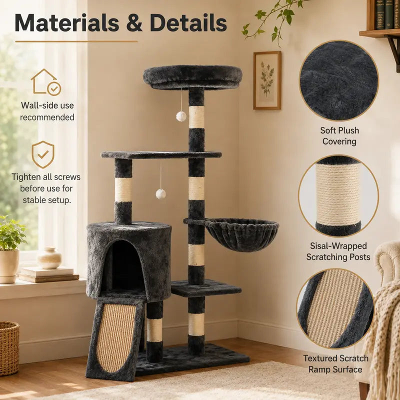 Heybly 43.3In Space-Saving Smoky Gray Cat Tree Condo Tower HCT004SG - Durable Sisal Rope Scratch Post, Padded Perch, Cozy Hammock, Toy-Included Indoor Cat Furniture