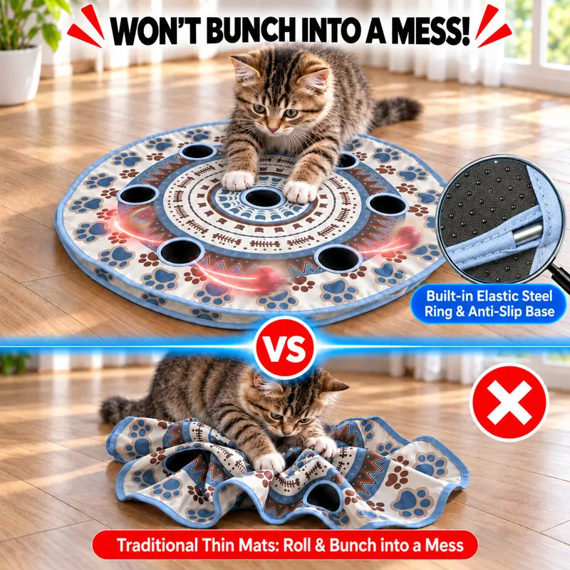 Interactive Cat Toy Set for Kittens&Adults - 7-Hole Play Mat with Smart Touch-Activated 3-Speed Moving Ball, Chirping Feature, Pouch Storage & USB Rechargeable Design for Bored Indoor Cats