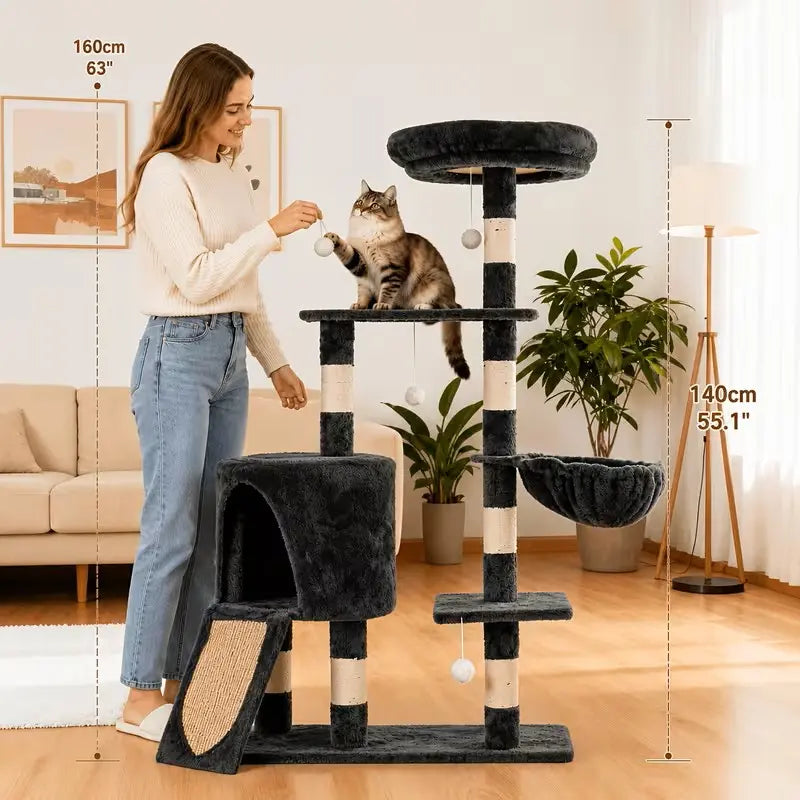 Heybly 43.3In Space-Saving Smoky Gray Cat Tree Condo Tower HCT004SG - Durable Sisal Rope Scratch Post, Padded Perch, Cozy Hammock, Toy-Included Indoor Cat Furniture