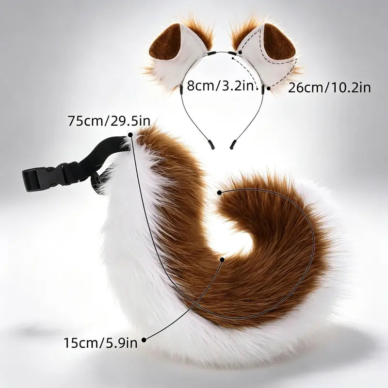Adult Faux Fur Ears + Tail Set - Handmade Halloween Costume Roleplay Accessory, Adjustable Strap Waist Tail, Casual Soft Hair Headband for Secure Fit Parties
