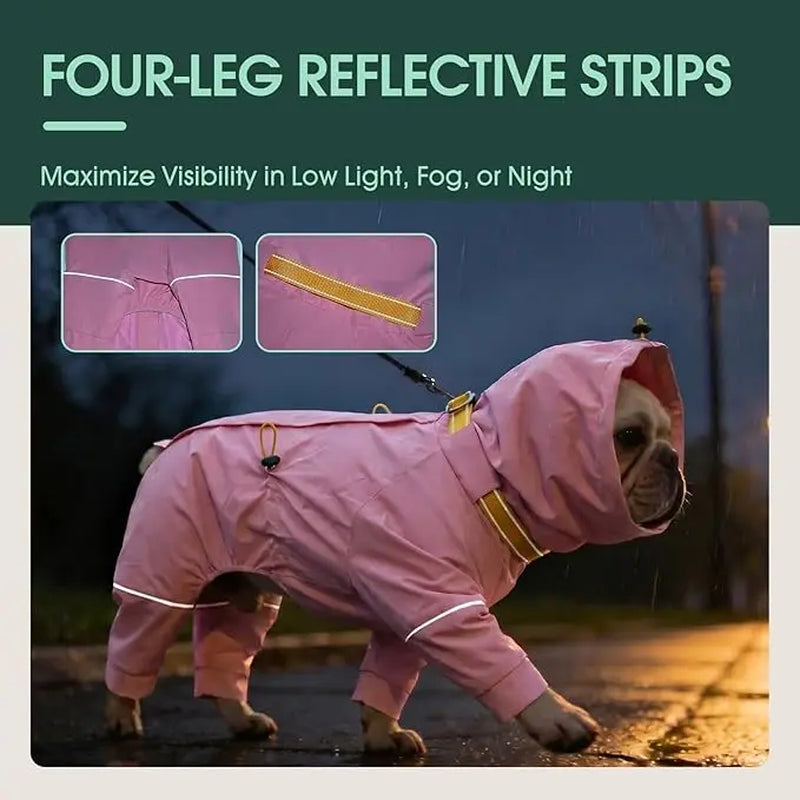 Kuoser Dog Raincoat - Waterproof Outdoor Pet Clothing with Reflective Stripes, Adjustable Hood, Leash D-Ring, 8-Leg Design, Lightweight Fabric for Hikes, Full-Body Coverage for Small/Medium/Large Dogs (Pink, Black)