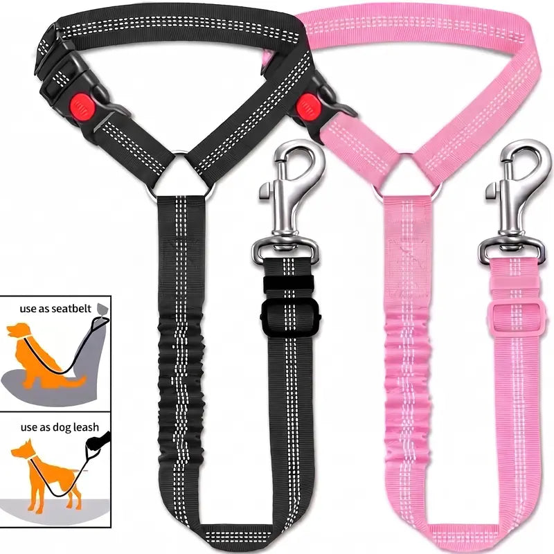 Dog Vehicle Safety Straps (2-Pack) - Nylon Fabric, Reflective Design, Elastic Shock-Absorbing, Adjustable Fit, Secure Fastening, Enhanced Night Visibility
