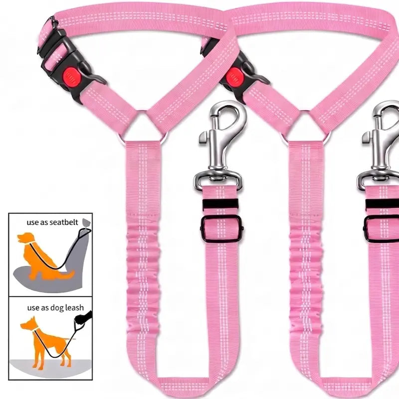 Dog Vehicle Safety Straps (2-Pack) - Nylon Fabric, Reflective Design, Elastic Shock-Absorbing, Adjustable Fit, Secure Fastening, Enhanced Night Visibility