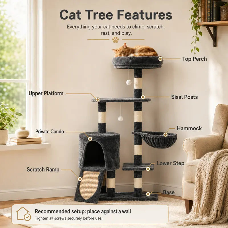 Heybly 43.3In Space-Saving Smoky Gray Cat Tree Condo Tower HCT004SG - Durable Sisal Rope Scratch Post, Padded Perch, Cozy Hammock, Toy-Included Indoor Cat Furniture