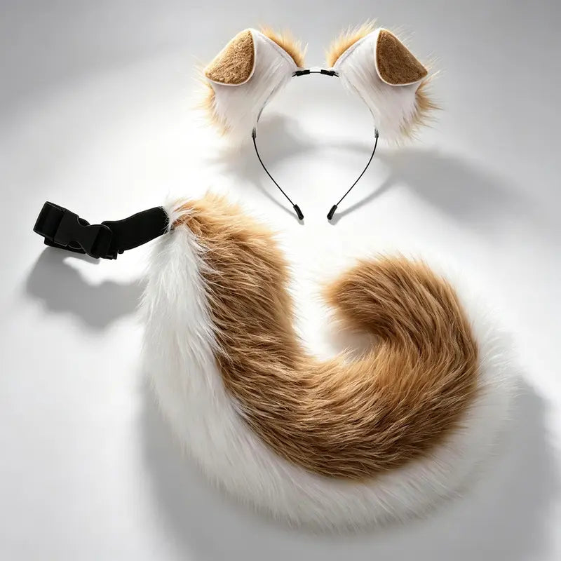 Adult Faux Fur Ears + Tail Set - Handmade Halloween Costume Roleplay Accessory, Adjustable Strap Waist Tail, Casual Soft Hair Headband for Secure Fit Parties