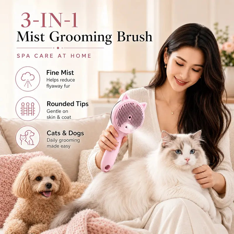 Self-Cleaning Cat & Dog Deshedding Brush with Spray Mist, 1-Button Hair Release, Steel Bristles, Pet Grooming Deshedding Tool