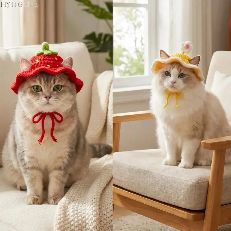 4-Pack Frog-Themed Hand-Knitted Pet Hats, Lightweight Polyester Headwear with Adjustable Strap, Full-Coverage Easy-Wear Warm Accessories for Small Cats (Birthday, Holiday)