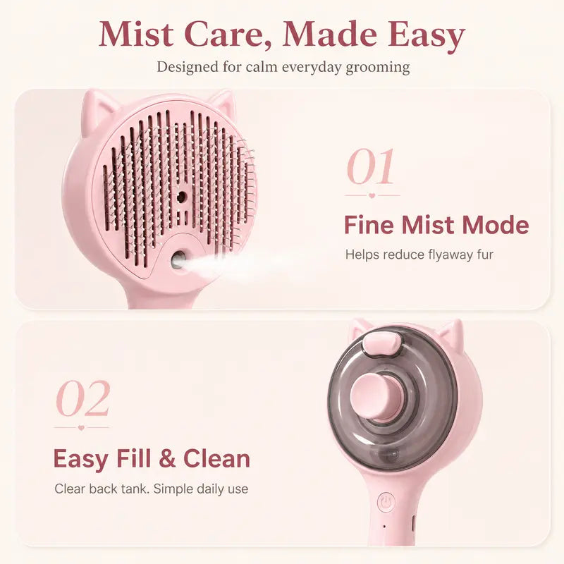 Self-Cleaning Cat & Dog Deshedding Brush with Spray Mist, 1-Button Hair Release, Steel Bristles, Pet Grooming Deshedding Tool