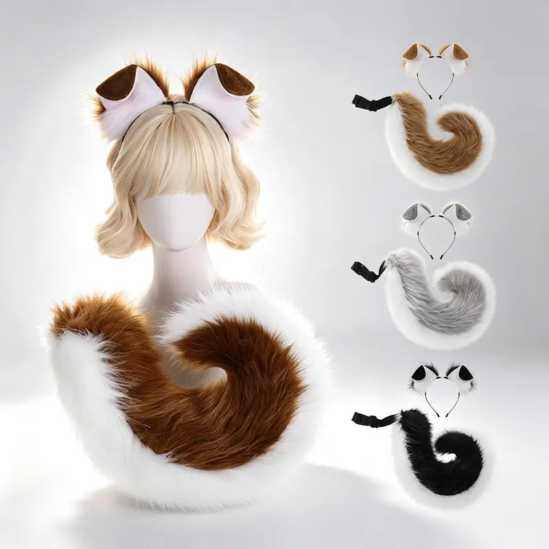 Adult Faux Fur Ears + Tail Set - Handmade Halloween Costume Roleplay Accessory, Adjustable Strap Waist Tail, Casual Soft Hair Headband for Secure Fit Parties